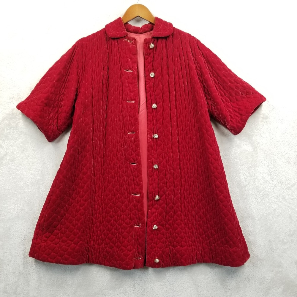 Vtg House Coat Women L Soft Red Velvet Rhinestone Buttons Quilted Swing‎ Robe